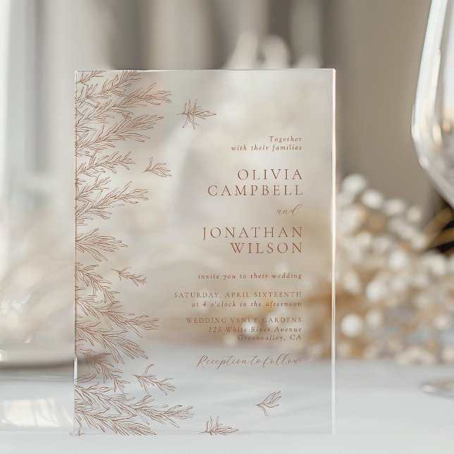 Modern Earthy Terracotta Boho Leaves Wedding Acrylic Invitations (Creator Uploaded)