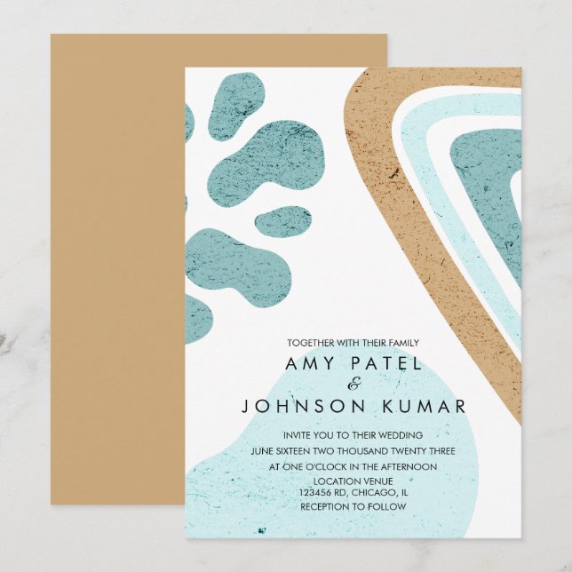 Modern Earthy Tone Shapes Light Blue Beige Wedding Invitation (Front/Back)