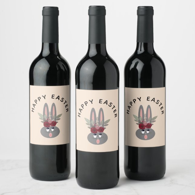 Modern Easter Bunny Burgundy Floral Beige Custom Wine Label (Bottles)