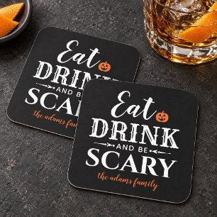 Modern Eat Drink and Be Scary Black Halloween Square Paper Coaster