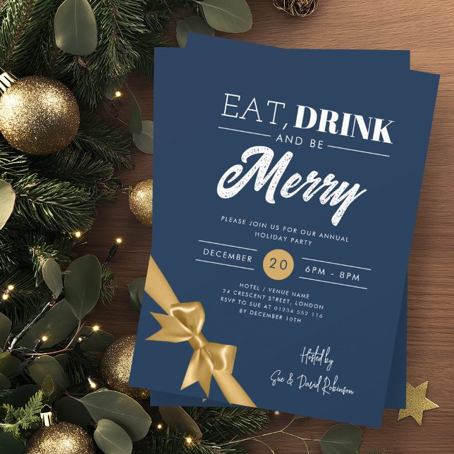 Modern Eat, Drink Be Merry Xmas Gold Ribbon Navy  Invitation (Creator Uploaded)