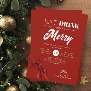 Modern Eat, Drink Be Merry Xmas Red Ribbon  Invitation