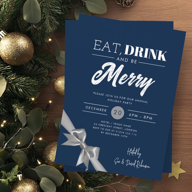 Modern Eat Drink Be Merry Xmas Silver Ribbon Navy  Invitation (Creator Uploaded)