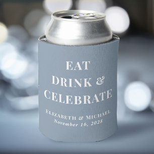 Modern Eat Drink Celebrate Dusty Blue Wedding Can Cooler