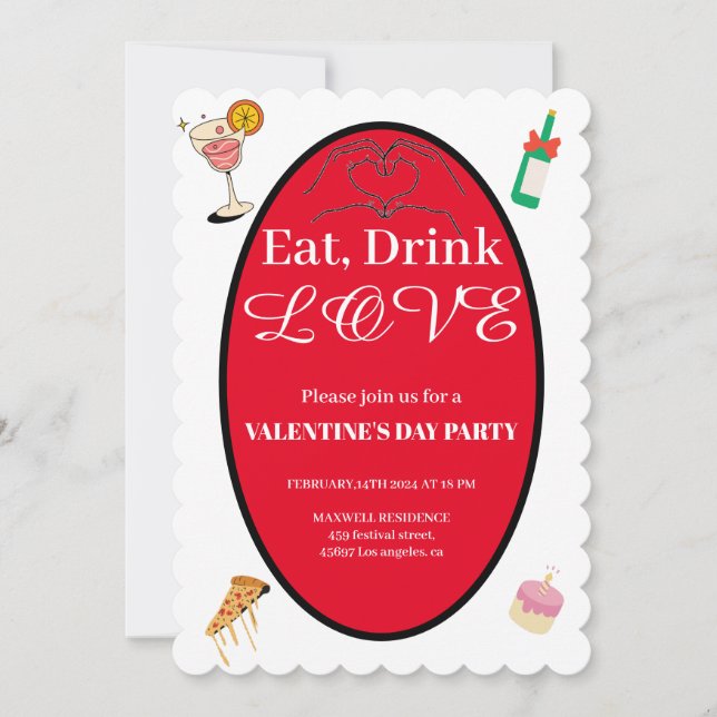Modern Eat Drink Love Valentine's Day Hearts Invitation (Front)