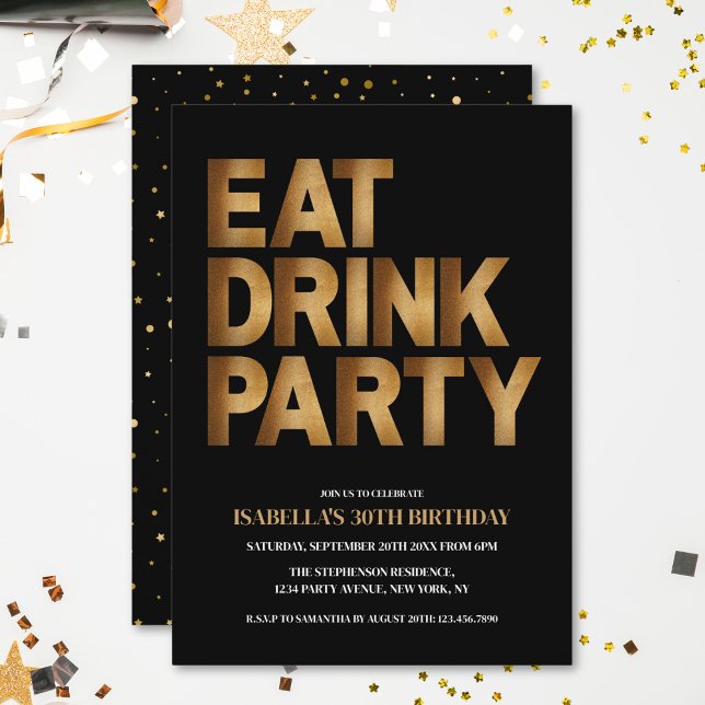 Modern Eat Drink Party Black & Gold Birthday Party Invitation (Creator Uploaded)
