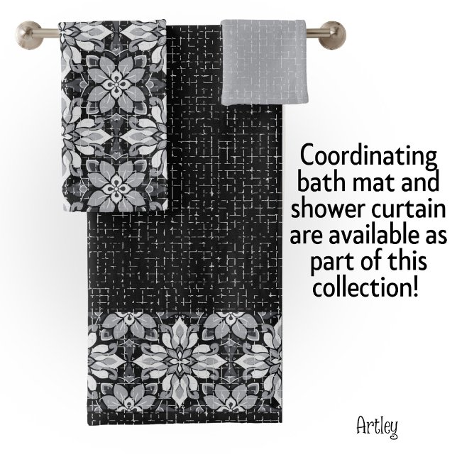Modern Eclectic Black White Floral Pattern Bath Towel Set (Creator Uploaded)