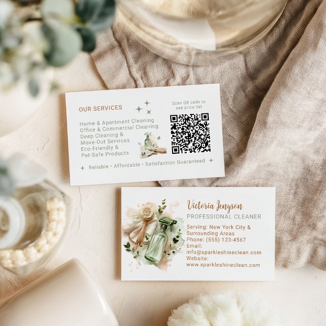 Modern Eco Cleaner Housekeeping QR Code Minimal Business Card (Modern Eco Cleaner Housekeeping QR Code Minimal Business Card)