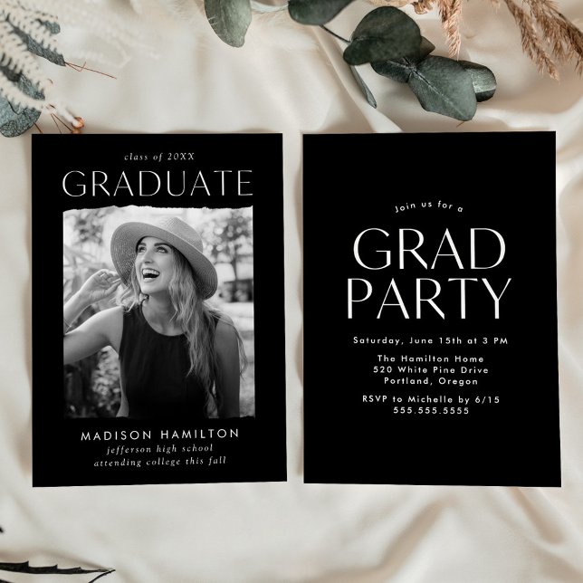 Modern Edge Black Photo Graduation Party Invitation (Creator Uploaded)