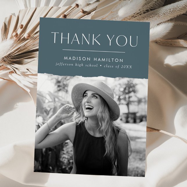 Modern Edge Blue Gray Photo Graduation Thank You Card (Creator Uploaded)