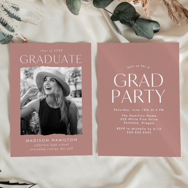 Modern Edge Dusty Rose Photo Graduation Party Invitation (Creator Uploaded)
