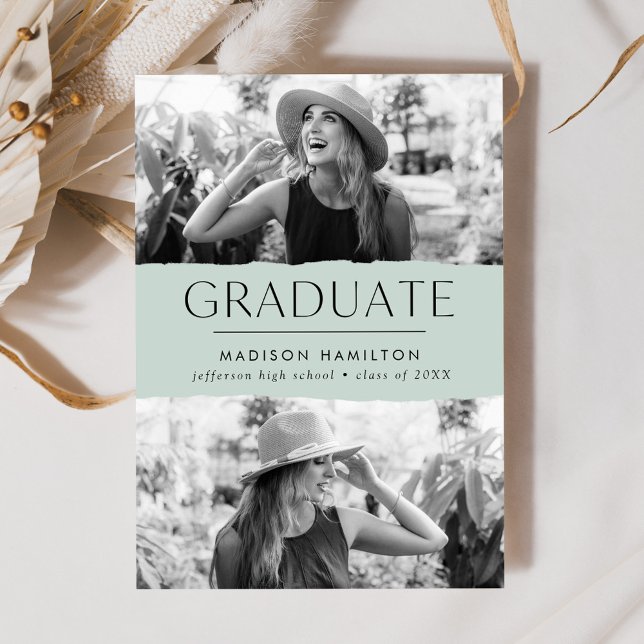 Modern Edge Mint Green 2 Photo Graduation Announcement (Creator Uploaded)