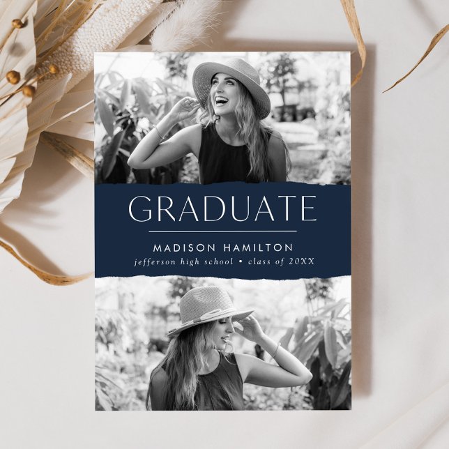 Modern Edge Navy 2 Photo Graduation Announcement (Creator Uploaded)