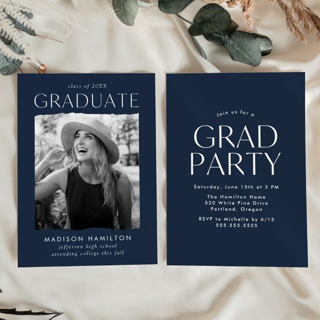Modern Edge Navy Photo Graduation Party Invitation (Creator Uploaded)