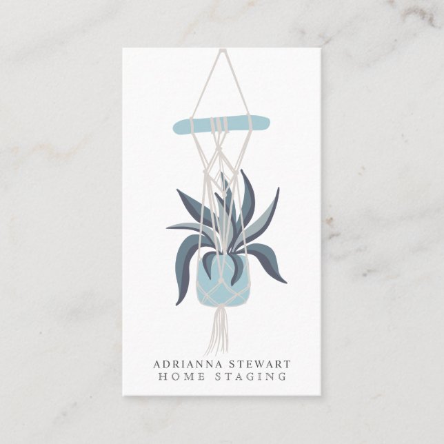 Modern editable blue house plant interior decor business card (Front)