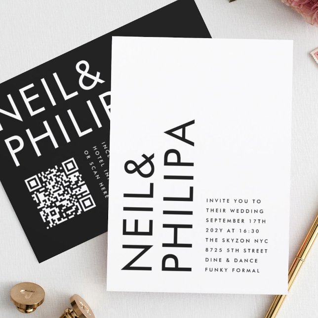 Modern EDITABLE Bold Names QR CODE RSVP Wedding Invitation (Creator Uploaded)