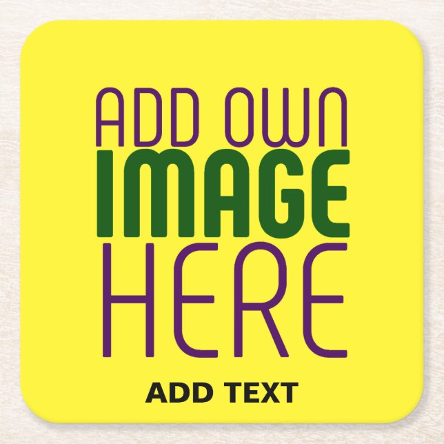 MODERN EDITABLE BRIGHT YELLOW IMAGE TEXT TEMPLATE SQUARE PAPER COASTER (Front)