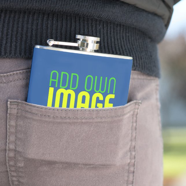 MODERN EDITABLE COBALT BLUE IMAGE TEXT TEMPLATE HIP FLASK (In Situ)