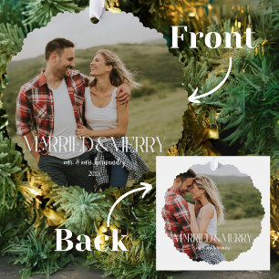 Modern Editable Colour 2 Photos Married & Merry Tree Decoration Card