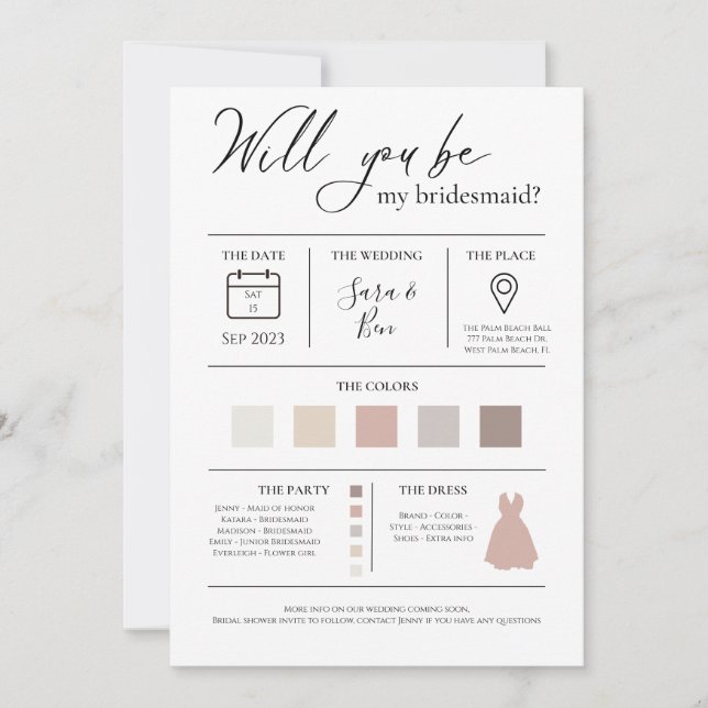 Modern Editable Colour Bridesmaid Proposal Info ca Invitation (Front)