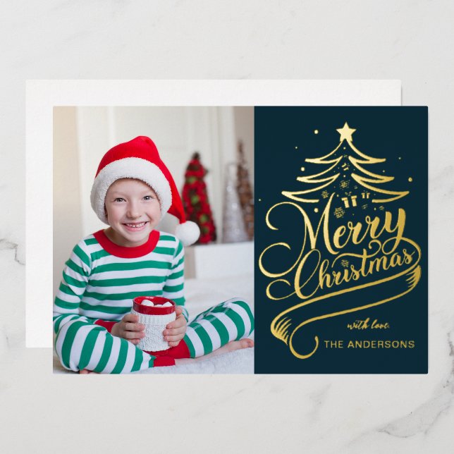 Modern Editable Colour Merry Christmas Tree Photo Foil Holiday Card (Front/Back)