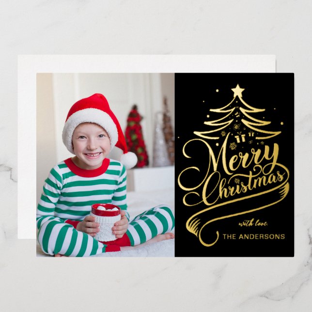 Modern Editable Colour Merry Christmas Tree Photo Foil Holiday Card (Front/Back)