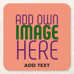 MODERN EDITABLE CORAL ORANGE IMAGE TEXT TEMPLATE SQUARE PAPER COASTER