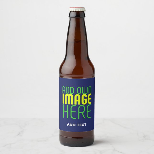 MODERN EDITABLE CUTE NAVY BLUE IMAGE TEXT TEMPLATE BEER BOTTLE LABEL (Front)