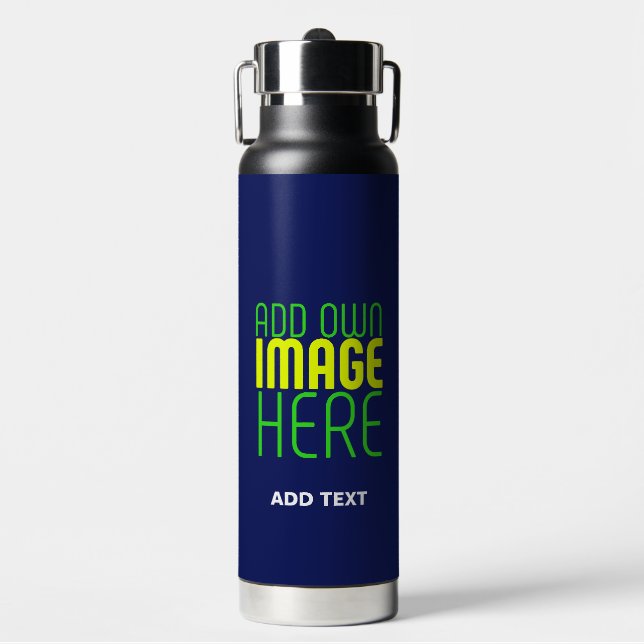 MODERN EDITABLE CUTE NAVY BLUE IMAGE TEXT TEMPLATE WATER BOTTLE (Front)