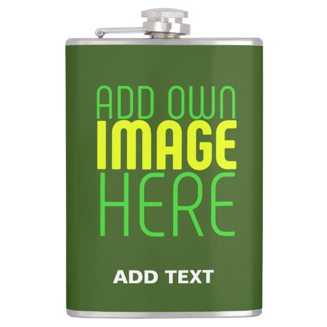 MODERN EDITABLE FOREST GREEN IMAGE TEXT TEMPLATE HIP FLASK (Front)