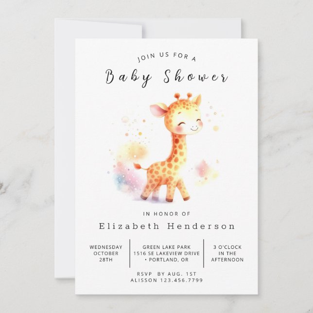 Modern Editable Giraffe Baby Shower Invitation (Front)