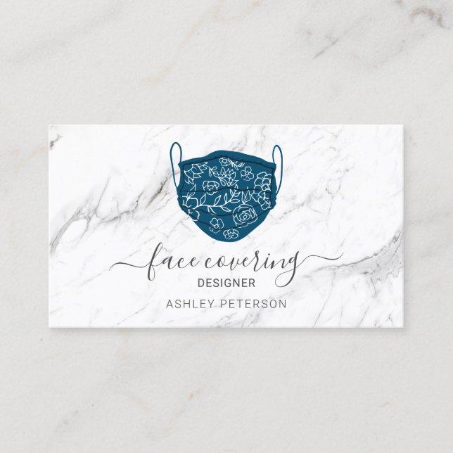 Modern editable mask face covering designer marble business card (Front)