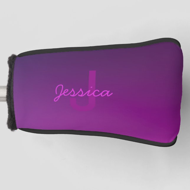 Modern Editable Monogrammed Text & Purple Ombre  Golf Head Cover (Front)