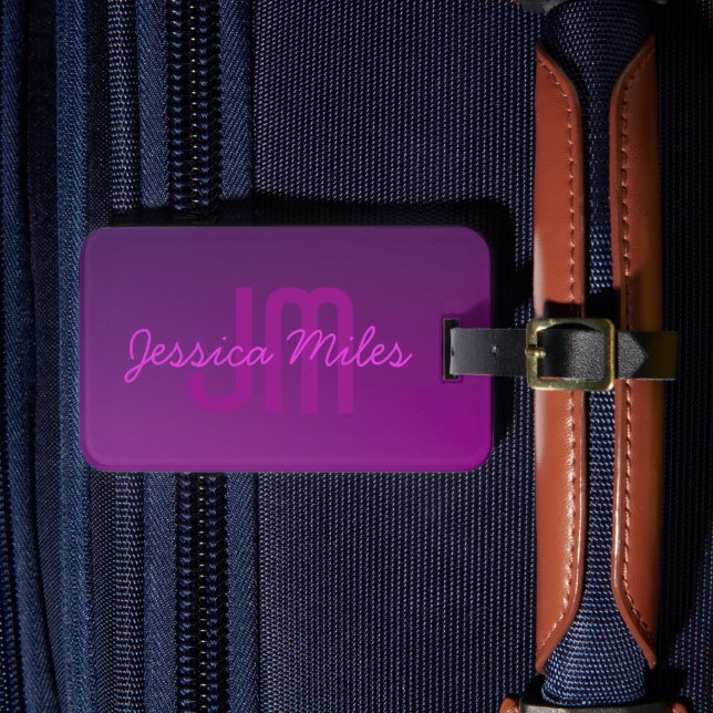 Modern Editable Monogrammed Text & Purple Ombre  Luggage Tag (Front Insitu 4)