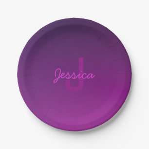 Modern Editable Monogrammed Text & Purple Ombre  Paper Plate