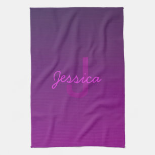 Modern Editable Monogrammed Text & Purple Ombre  Tea Towel