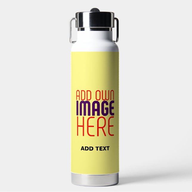 MODERN EDITABLE PASTEL YELLOW IMAGE TEXT TEMPLATE WATER BOTTLE (Front)