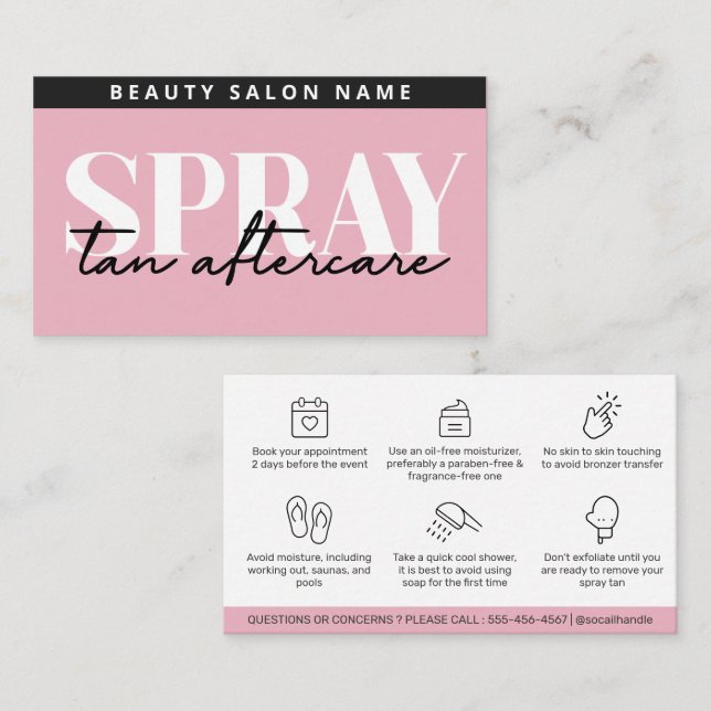 Modern Editable Pink Sunless Spray Tan Aftercare Business Card (Front/Back)