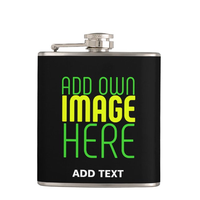 MODERN EDITABLE SIMPLE BLACK IMAGE TEXT TEMPLATE HIP FLASK (Front)