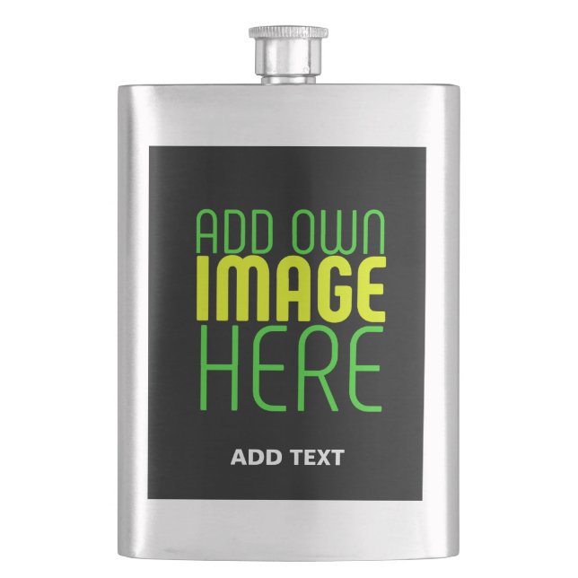 MODERN EDITABLE SIMPLE BLACK IMAGE TEXT TEMPLATE HIP FLASK (Front)