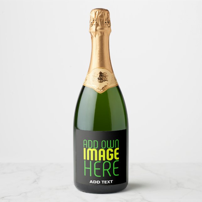 MODERN EDITABLE SIMPLE BLACK IMAGE TEXT TEMPLATE SPARKLING WINE LABEL (Front)