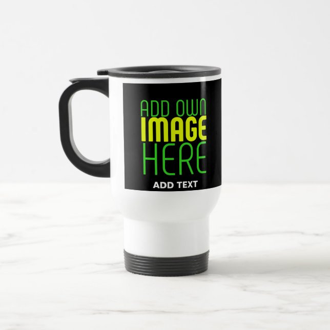 MODERN EDITABLE SIMPLE BLACK IMAGE TEXT TEMPLATE TRAVEL MUG (Left)