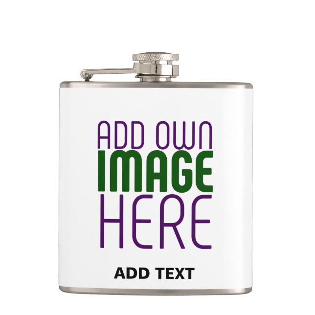 MODERN EDITABLE SIMPLE WHITE IMAGE TEXT TEMPLATE HIP FLASK (Front)