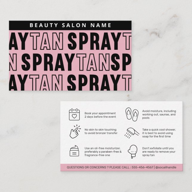 Modern Editable Sunless Spray Tan Aftercare Card (Front/Back)