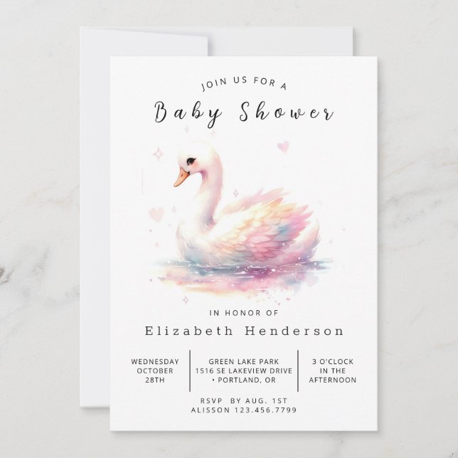 Modern Editable Swan Baby Shower Invitation (Front)