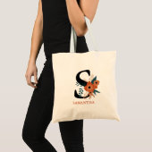 modern editable terracotta floral monogrammed tote bag (Front (Product))