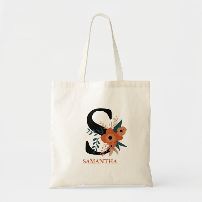 modern editable terracotta floral monogrammed tote bag (Front)