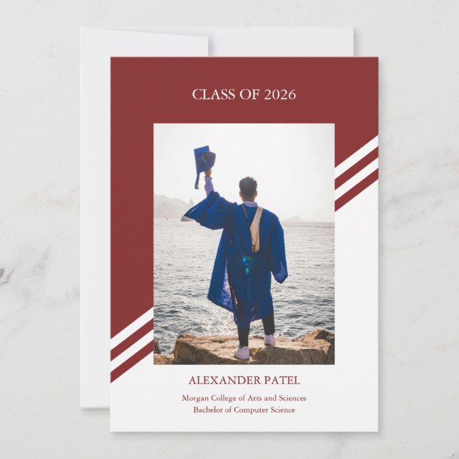 Modern editorial boy graduation announcement card (Front)