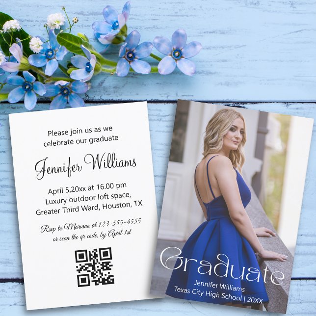 Modern Editorial Photo Graduation QR Code RSVP Invitation (Creator Uploaded)