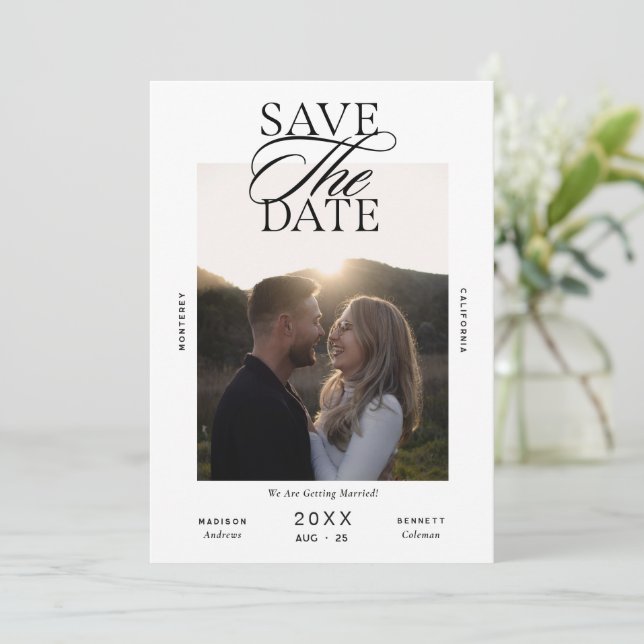 Modern Editorial Script Photo Wedding Save The Date (Standing Front)